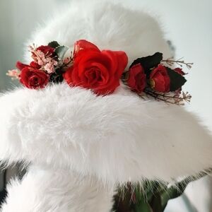 Chic White Faux Fur Hat with Red Floral Details